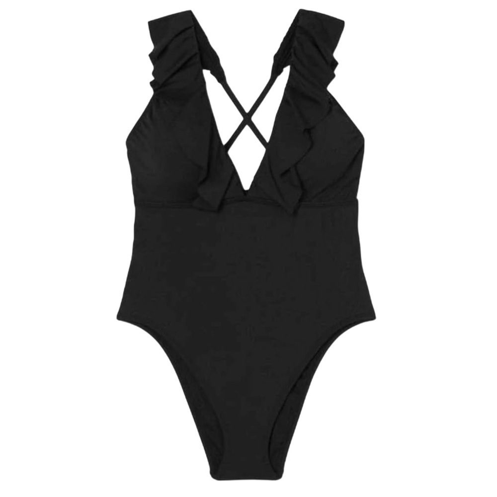 Shade & Shore Black Plunge Flounce Ruffled One Piece Swimsuit Criss Cross Back M